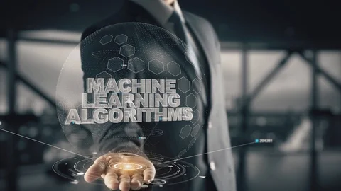Machine Learning Algorithms with hologram businessman concept Stockbeeldmateriaal 111343605