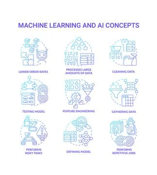 Machine learning and AI blue gradient concept icons set Stock Illustration