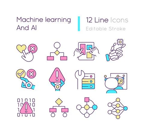 Machine learning and AI RGB color icons set イラスト素材
