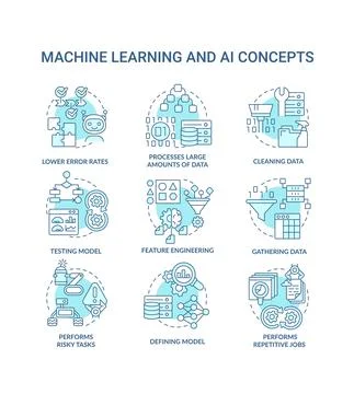 Machine learning and AI turquoise concept icons set 스톡 일러스트