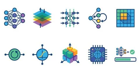 Machine learning and artificial intelligence icon set with neural network l.. Illustrazione stock