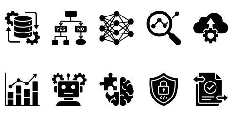 Machine learning and artificial intelligence icon set including data storag.. Stock Illustration