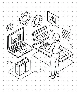Machine learning and process automation concept vector featuring female engineer Иллюстрация