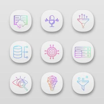 Machine learning app icons set Illustrazione stock