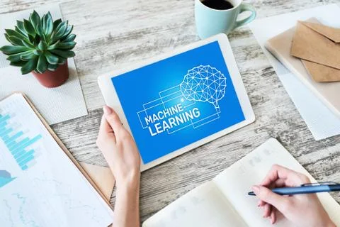 Machine learning, artificial intelligence and smart technology concept on device Stock Photos