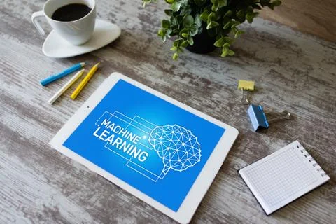 Machine learning, artificial intelligence and smart technology concept on device 스톡 사진