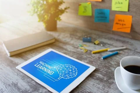 Machine learning, artificial intelligence and smart technology concept on device Stock Photos