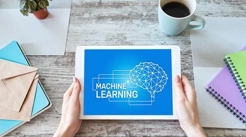 Machine learning, artificial intelligence and smart technology concept on device Stock Photos