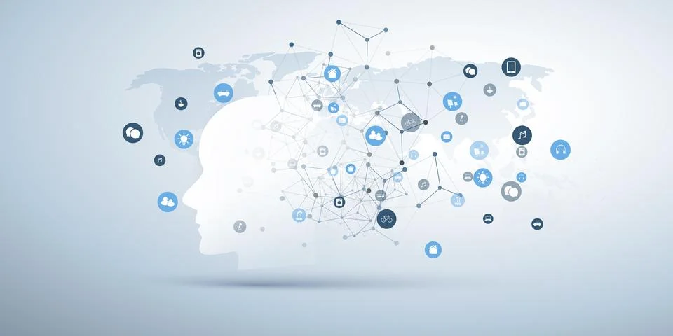 Machine Learning, Artificial Intelligence, Cloud Computing and IoT Networks.. Illustrazione stock