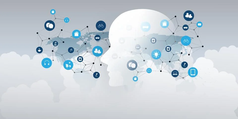 Machine Learning, Artificial Intelligence, Cloud Computing and IoT Networks.. Stock Illustration