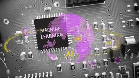 Machine learning artificial intelligence, computer microchip future concept. Stock Photos