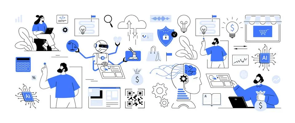 Machine learning artificial intelligence digital transformation. Tech business Stock Illustration