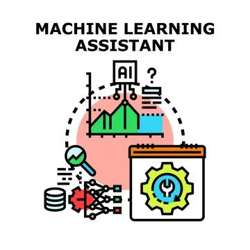 Machine learning assistant analyzing data and optimizing processes Stock Illustration