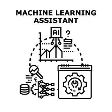 Machine learning assistant analyzing data and optimizing processes Stock Illustration