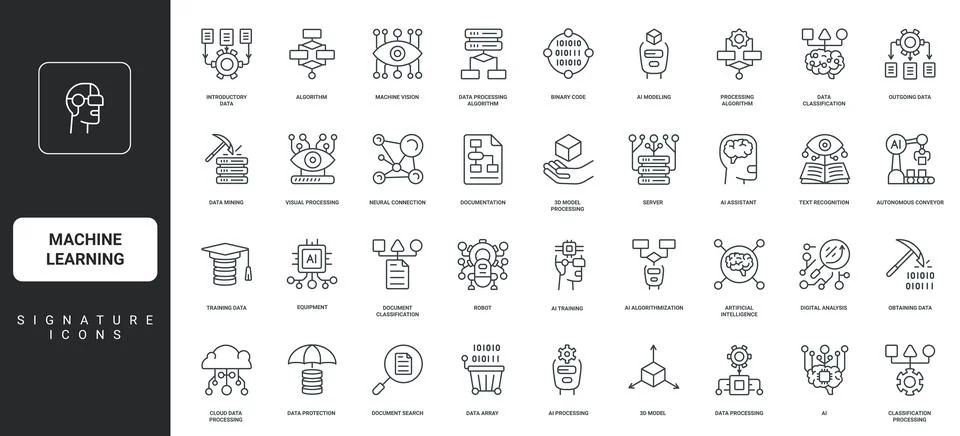 Machine learning, automatic data classification and mining, AI assistant line イラスト素材