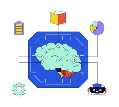 Machine learning brain 2D linear illustration concept Stock Illustration