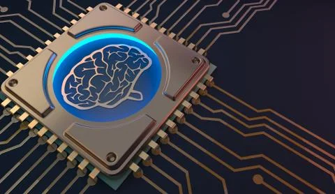 Machine learning Brain symbol on circuit board 3d Rendering Stock Illustration