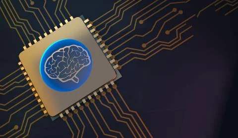 Machine learning Brain symbol on circuit board 3d Rendering Illustrazione stock