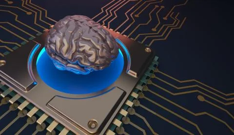 Machine learning Brain symbol on circuit board 3d Rendering 스톡 일러스트