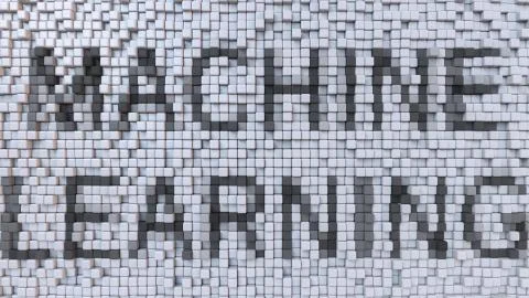 MACHINE LEARNING caption on fluctuating pixels background, 3d rendering Illustrazione stock