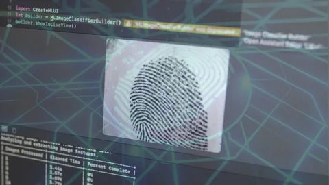 Machine Learning Code Analyzing Fingerprint Biometric Data on Computer Screen Stockbeeldmateriaal 336901016