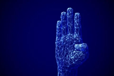 Machine learning concept: digital arm raised up to ask a question. Illustrazione stock