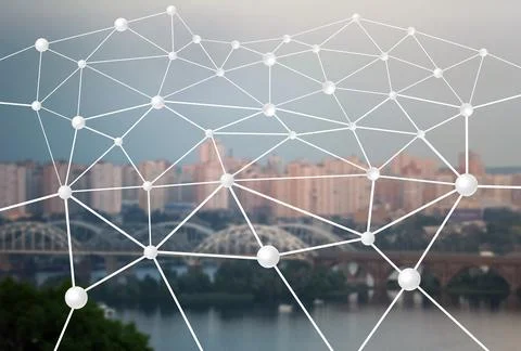 Machine learning concept. Digital web over blurred cityscape Stock Photos