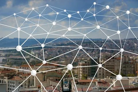 Machine learning concept. Digital web over blurred cityscape Stock Photos