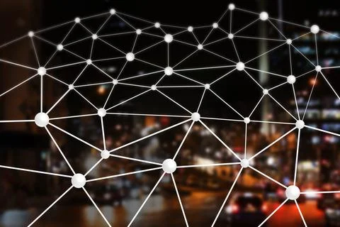 Machine learning concept. Digital web over blurred night cityscape 스톡 사진