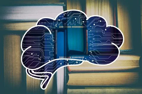 Machine learning concept. Double exposure of brain illustration with circuit  스톡 사진