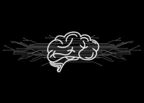 Machine learning concept. Illustration of brain and circuit board pattern on  스톡 사진