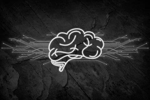 Machine learning concept. Illustration of brain and circuit board pattern on  스톡 사진