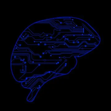 Machine learning concept. Illustration of brain and circuit board pattern on  스톡 사진