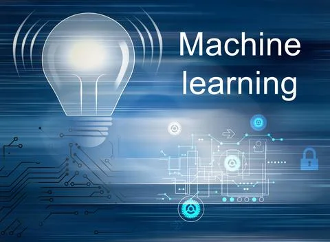Machine learning concept. Illustration of light bulb, scheme and circuit boar 스톡 사진