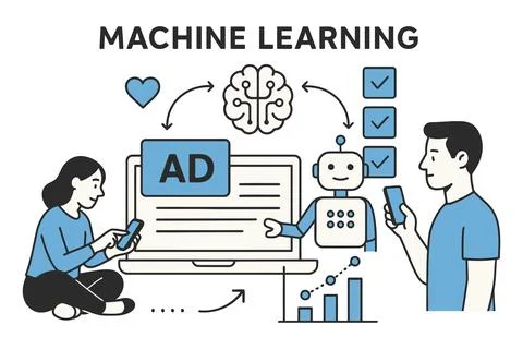 Machine learning concept with people robot brain and data visualization Stock Illustration
