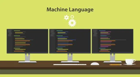 Machine learning concept vector illustration with three monitors on top of table Illustration