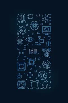 Machine Learning concept vector outline blue vertical banner. ML Technology.. Stock Illustration