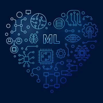 Machine Learning concept vector outline blue heart shaped banner. ML Techno.. イラスト素材