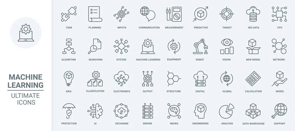 Machine learning, data analysis thin line icons set, algorithm, automatic smart イラスト素材