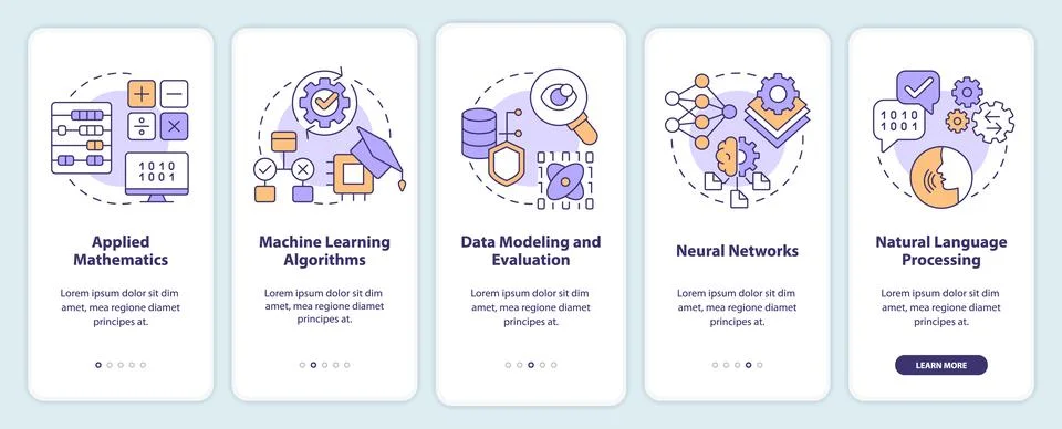 Machine learning engineer skills onboarding mobile app screen Stock Illustration
