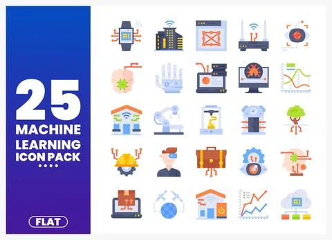 Machine learning flat icon pack for technology projects Stock Illustration