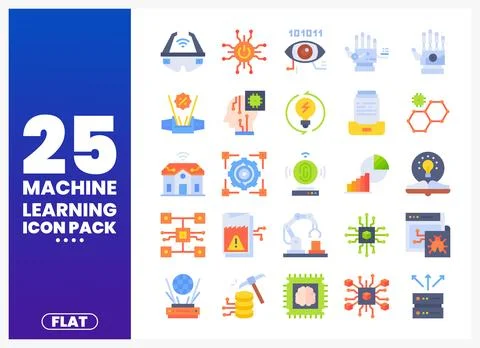 Machine learning flat icon pack with vector symbols on white background. Stock Illustration