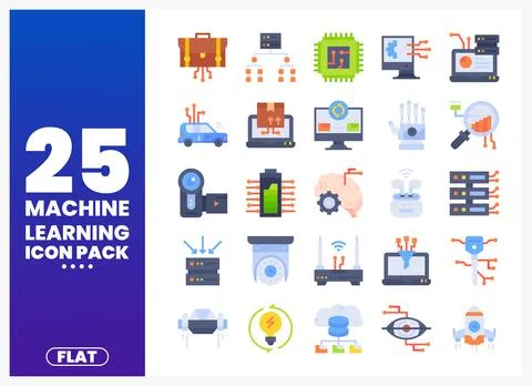 Machine learning flat icon pack with diverse technology concepts in a color.. Stock Illustration