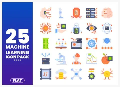 Machine learning flat icon set for technology and data analysis Stock Illustration