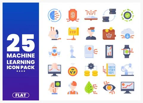 Machine Learning flat icon set on white background. AI tech and data scienc.. Stock Illustration