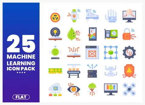 Machine Learning Flat Icons on Gradient Background Stock Illustration