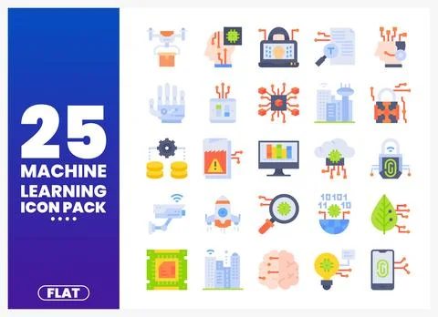 Machine learning flat icons in a grid layout. digital technology concepts. .. Illustration