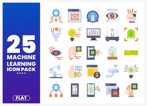 Machine learning flat icons in a grid layout for technology projects 库存插图