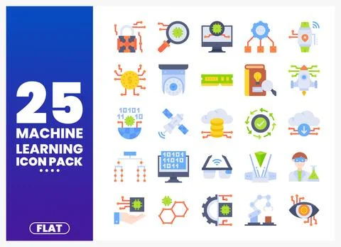 Machine learning flat icons illustration in a blue and purple gradient back.. Stock Illustration