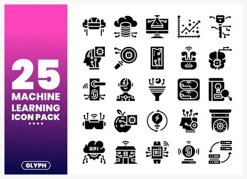 Machine learning glyph icon pack with technology and data visualization ele.. Stockillustratie
